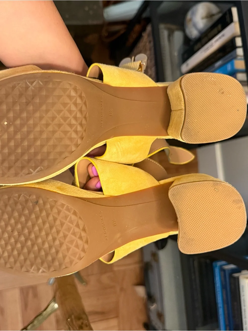Aerosols Women’s Yellow Suede Block Heel Sandals